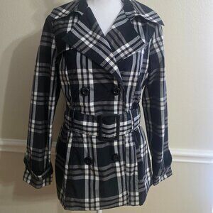 Gallery Plaid Belted Trench Coat Black White Lightweight Jacket Size M